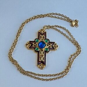 Vintage Avon Cross Pendant Maroon Green Blue Enamel On Chain  Necklace 30"